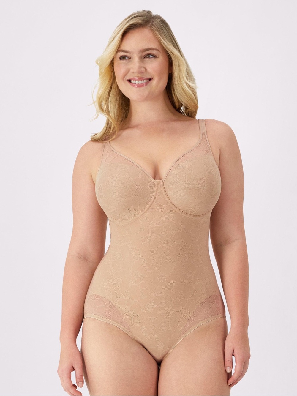 NWT Bali Firm Control Lace Body Briefer Shapewear Nude 34D